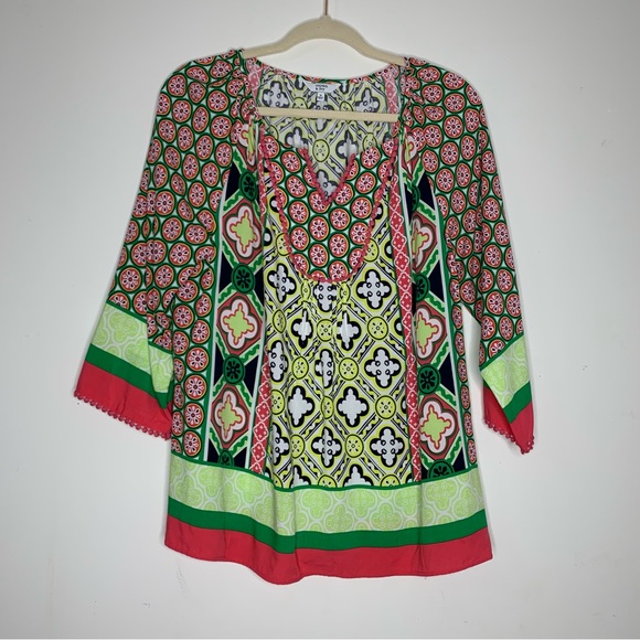 crown & ivy Tops - Crown & Ivy pink and green boho print blouse M